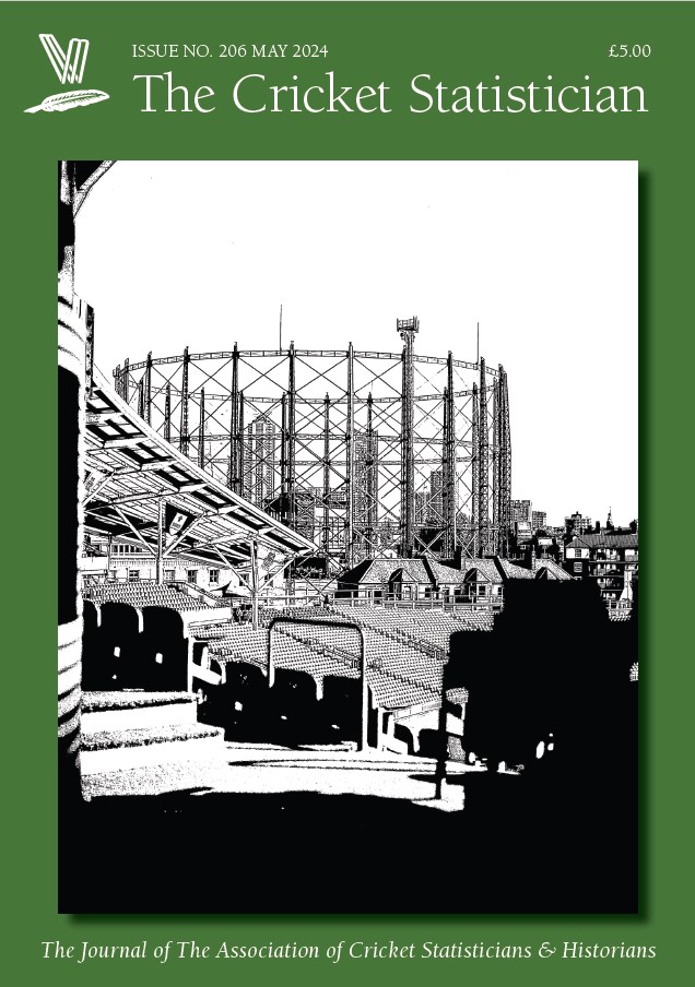 2024 May Journal 206 Cover photo shows a black and white image of a stand at The Oval, with the gas-holder rising above the empty seats