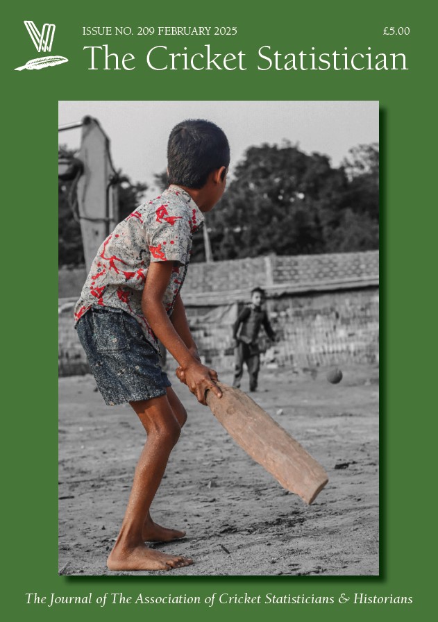 The Cricket Statistician Issue No. 209 February 2025 £5.00. Photo shows a boy, barefoot and dressed in shorts plus a red and grey shirt, holding a roughly carved wooden bat as another boy bowls to him on what looks like a beach, with a wall and trees in the background