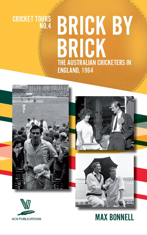Cricket Tours No. 4: Brick by Brick - The Australian Cricketers in England, 1964, by Max Bonnell Photos show Fred Trueman leaving the field at The Oval after taking his 300th Test wicket; Ted Dexter, wearing a Conservative rosette, talking to a young woman while campaigning to be elected as an MP in Cardiff; Graham McKenzie and Grahame Corling posing with an umbrella at Old Trafford