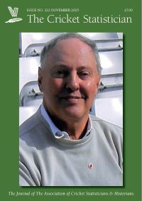 The Cricket Statistician Issue No. 212 November 2025 £7.00 Photo shows the smiling face of Robert Brooke, sitting in a stand of upturned white seats at Derby in 2012